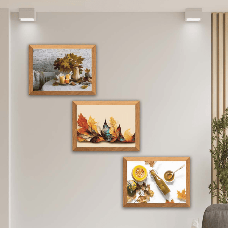 3 Parça Çınar Yapakları Sonbahar Yansıtan Çerçeve Görünümlü Mdf Ahşap Duvar Tablo Seti Bonvagon