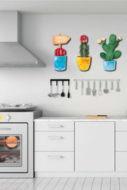 3 Parça Duvar Dekorasyon Kaktüs Ahşap Tablo Seti Uv Baskı Bonvagon