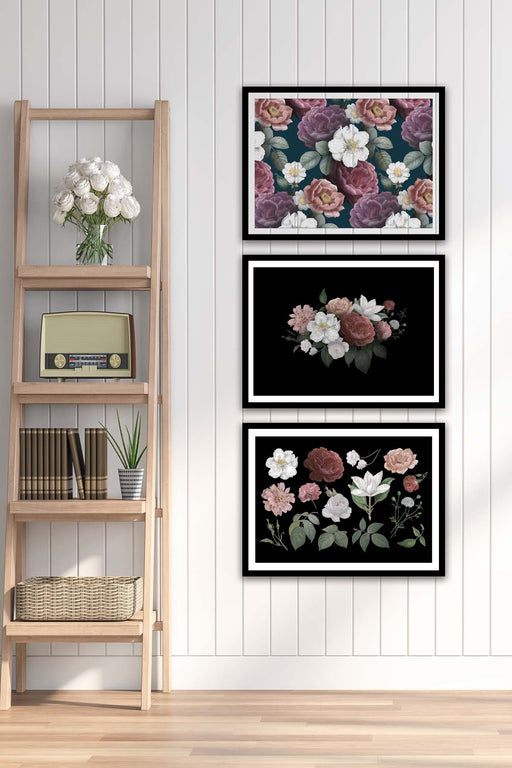 3 Parça Gül Ve Çiçek Tarzında Siyah Çerçeve Görünümlü Mdf Tablo Seti Bonvagon