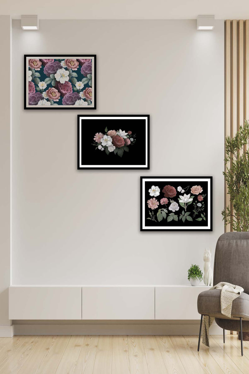 3 Parça Gül Ve Çiçek Tarzında Siyah Çerçeve Görünümlü Mdf Tablo Seti Bonvagon