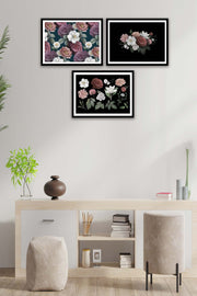 3 Parça Gül Ve Çiçek Tarzında Siyah Çerçeve Görünümlü Mdf Tablo Seti Bonvagon