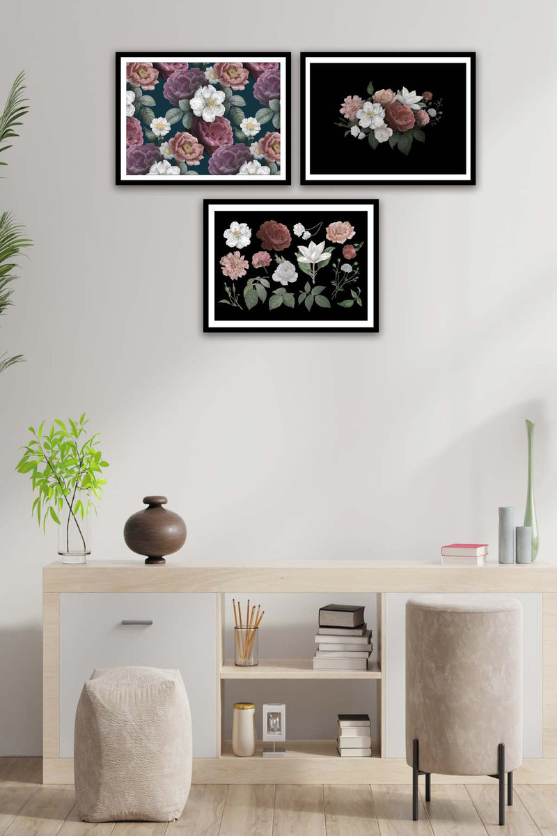 3 Parça Gül Ve Çiçek Tarzında Siyah Çerçeve Görünümlü Mdf Tablo Seti Bonvagon