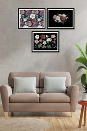 3 Parça Gül Ve Çiçek Tarzında Siyah Çerçeve Görünümlü Mdf Tablo Seti Bonvagon