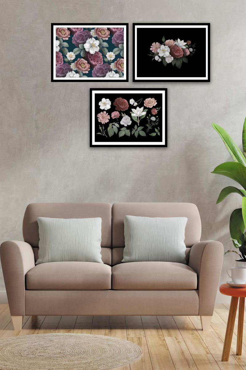 3 Parça Gül Ve Çiçek Tarzında Siyah Çerçeve Görünümlü Mdf Tablo Seti Bonvagon