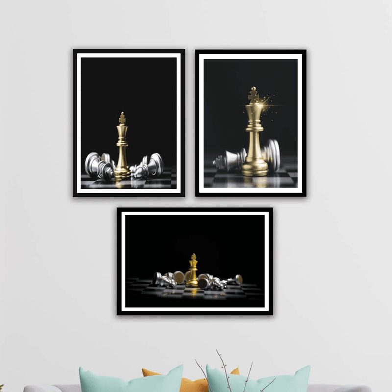 3 Parça Gümüş Ve Gold Renginde Satranç Siyah Çerçeve Görünümlü Mdf Ahşap Duvar Ahşap Duvar Tablo Seti Bonvagon