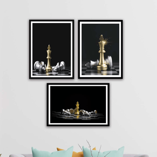 3 Parça Gümüş Ve Gold Renginde Satranç Siyah Çerçeve Görünümlü Mdf Ahşap Duvar Ahşap Duvar Tablo Seti Bonvagon