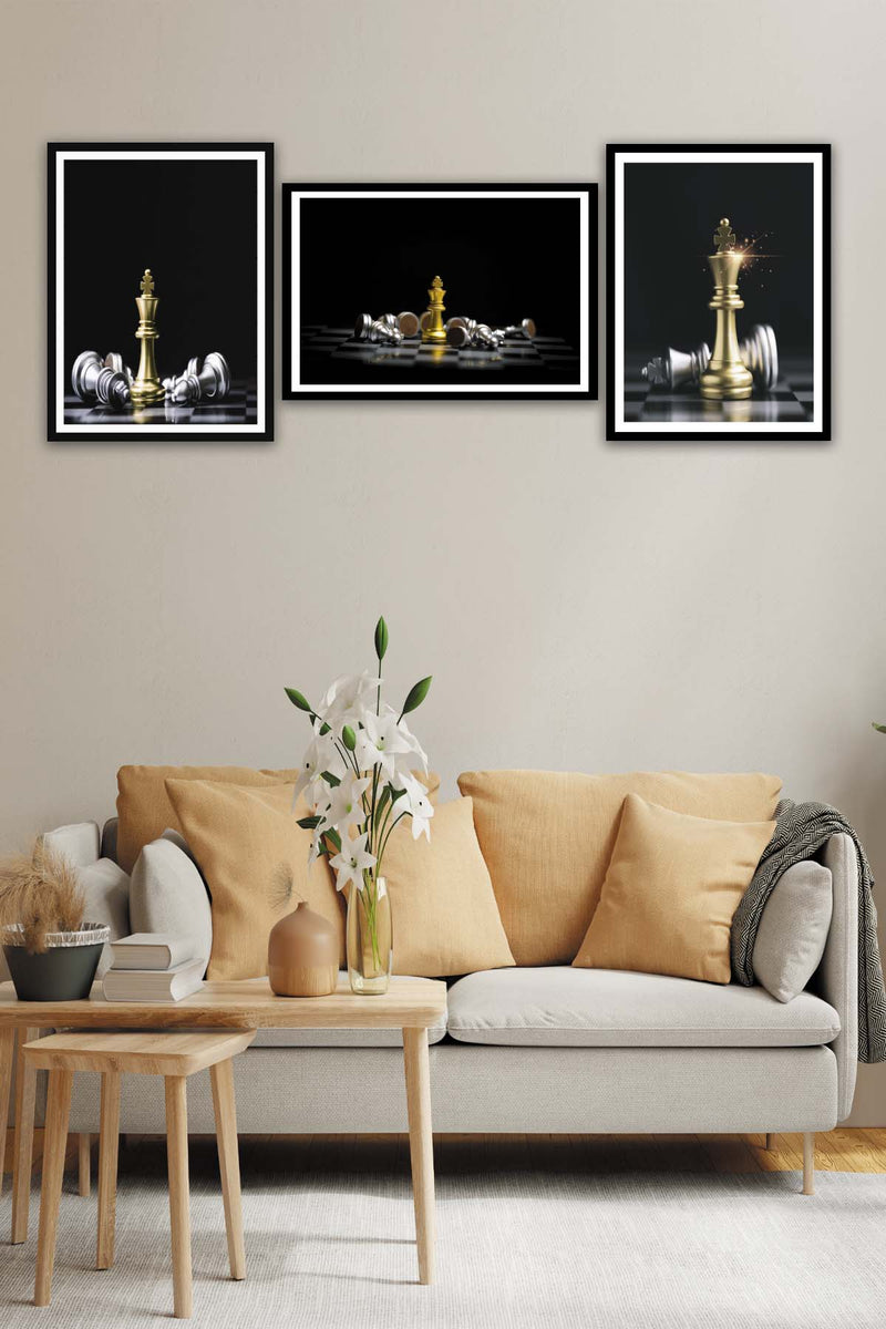 3 Parça Gümüş Ve Gold Renginde Satranç Siyah Çerçeve Görünümlü Mdf Ahşap Tablo Seti Bonvagon