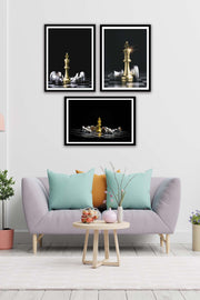 3 Parça Gümüş Ve Gold Renginde Satranç Siyah Çerçeve Görünümlü Mdf Ahşap Tablo Seti Bonvagon