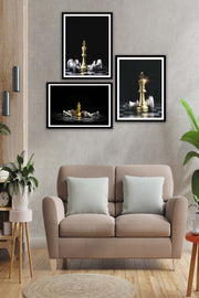 3 Parça Gümüş Ve Gold Renginde Satranç Siyah Çerçeve Görünümlü Mdf Ahşap Tablo Seti Bonvagon