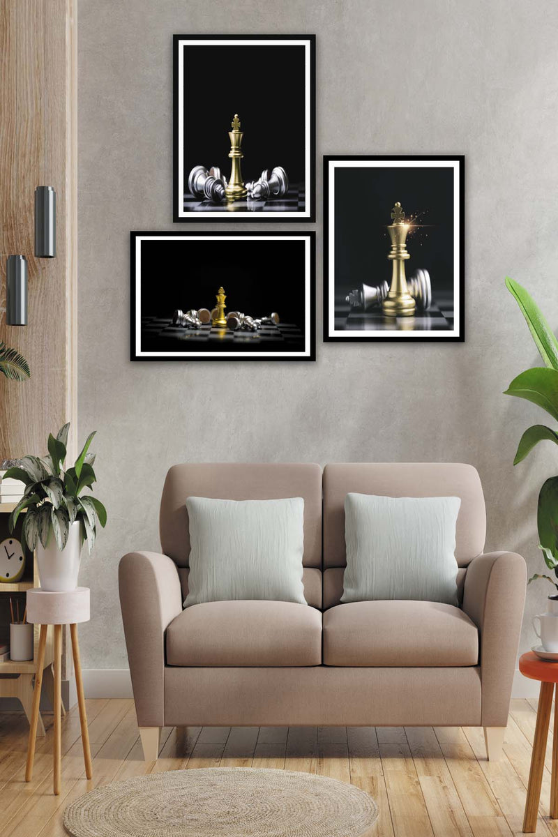 3 Parça Gümüş Ve Gold Renginde Satranç Siyah Çerçeve Görünümlü Mdf Ahşap Tablo Seti Bonvagon