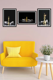 3 Parça Gümüş Ve Gold Renginde Satranç Siyah Çerçeve Görünümlü Mdf Ahşap Tablo Seti Bonvagon