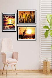 3 Parça Günbatımı Tarzında Siyah Çerçeve Görünümlü Mdf Ahşap Tablo Seti Bonvagon