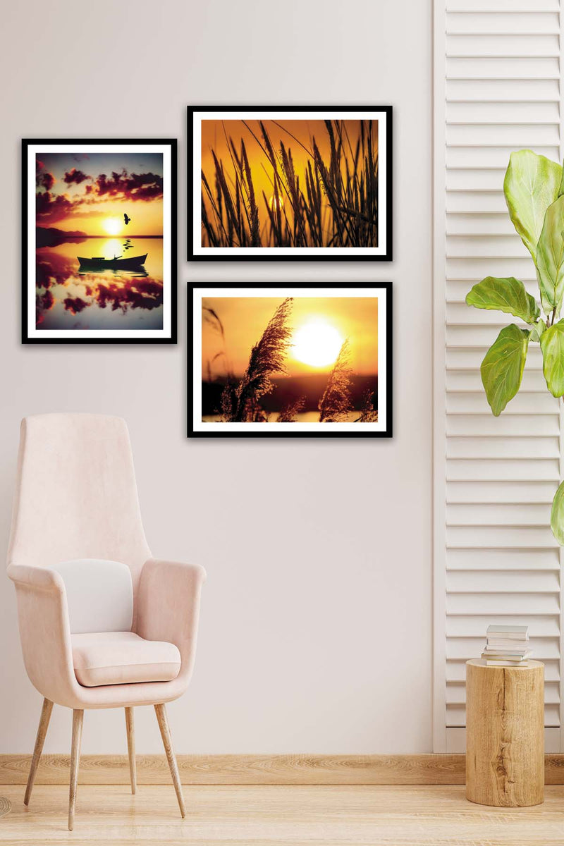 3 Parça Günbatımı Tarzında Siyah Çerçeve Görünümlü Mdf Ahşap Tablo Seti Bonvagon
