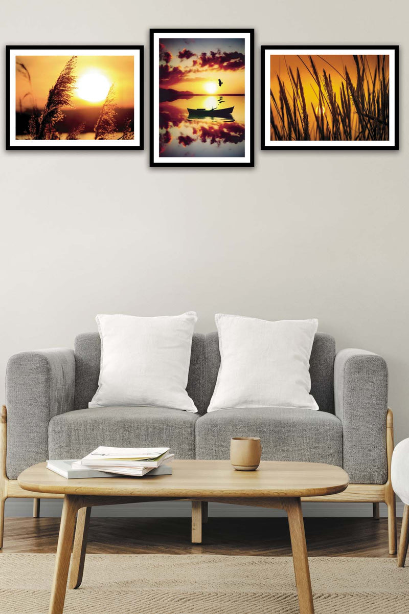 3 Parça Günbatımı Tarzında Siyah Çerçeve Görünümlü Mdf Ahşap Tablo Seti Bonvagon