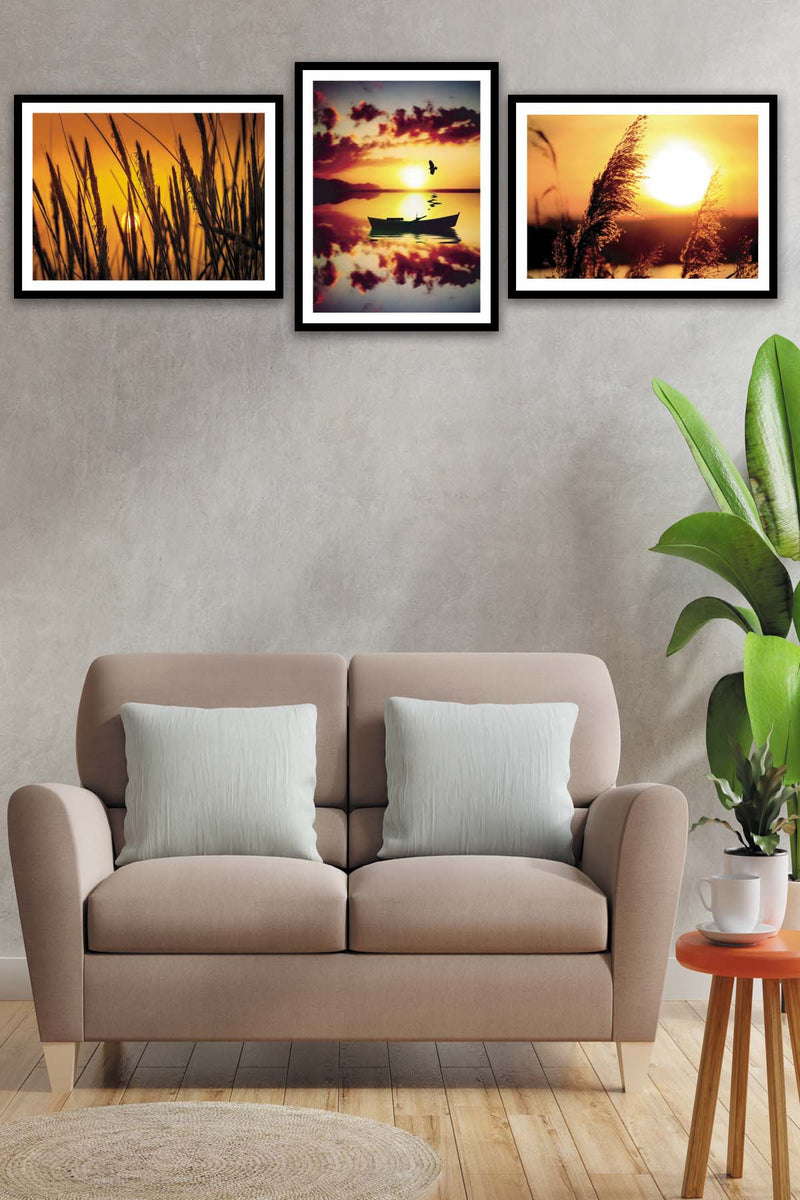3 Parça Günbatımı Tarzında Siyah Çerçeve Görünümlü Mdf Ahşap Tablo Seti Bonvagon