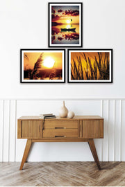 3 Parça Günbatımı Tarzında Siyah Çerçeve Görünümlü Mdf Ahşap Tablo Seti Bonvagon