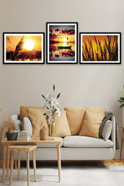 3 Parça Günbatımı Tarzında Siyah Çerçeve Görünümlü Mdf Ahşap Tablo Seti Bonvagon