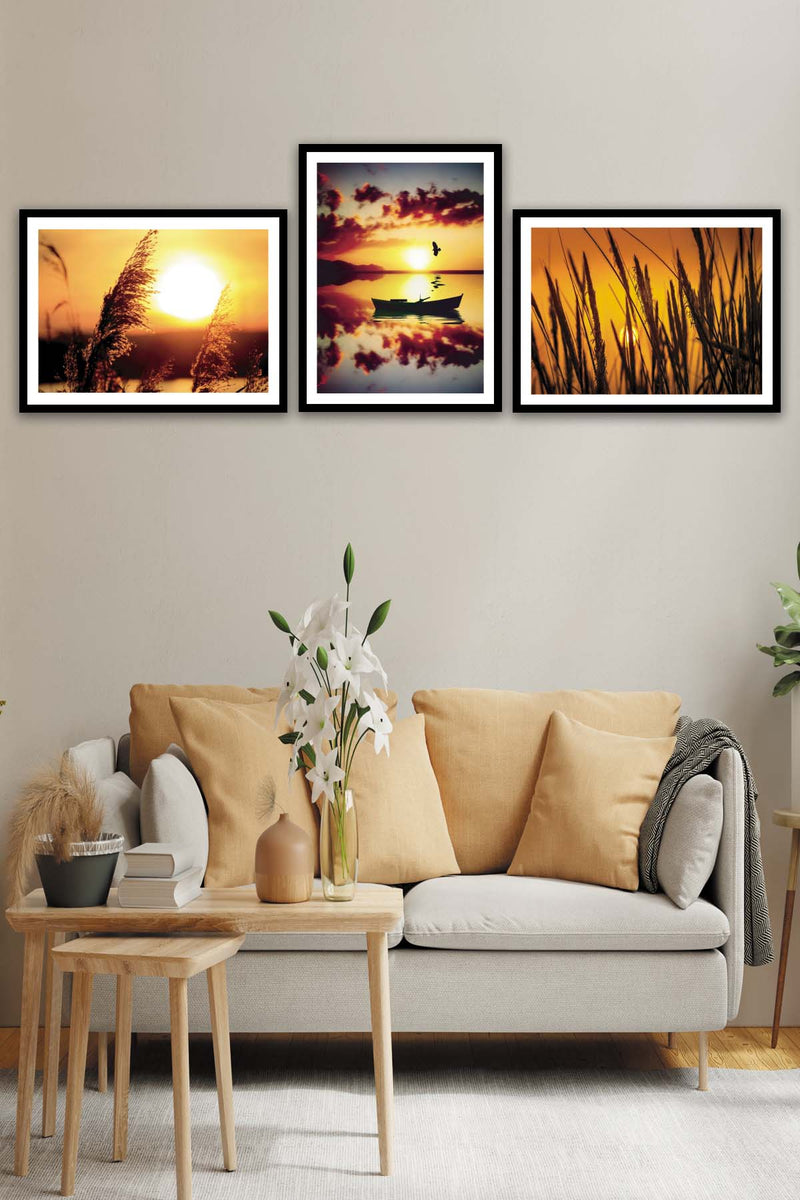 3 Parça Günbatımı Tarzında Siyah Çerçeve Görünümlü Mdf Ahşap Tablo Seti Bonvagon