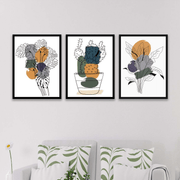 3 Parça Kaktüs Line Art Desenli Sanatsal (Siyah Çerçeve Görünümlü) Uv Baskı Mdf Ahşap Duvar Tablo Seti Bonvagon