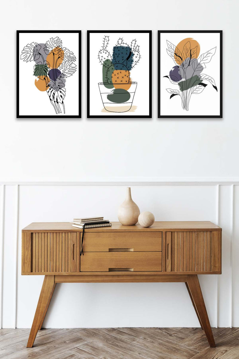 3 Parça Kaktüs Line Art Desenli Sanatsal (Siyah Çerçeve Görünümlü) Uv Baskı Mdf Tablo Seti Bonvagon