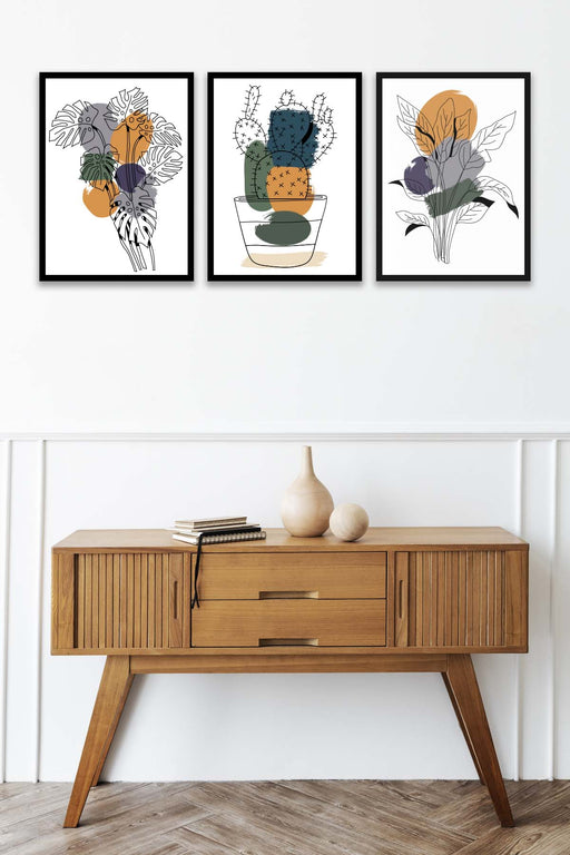 3 Parça Kaktüs Line Art Desenli Sanatsal (Siyah Çerçeve Görünümlü) Uv Baskı Mdf Tablo Seti Bonvagon