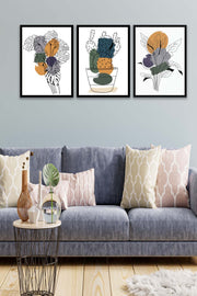 3 Parça Kaktüs Line Art Desenli Sanatsal (Siyah Çerçeve Görünümlü) Uv Baskı Mdf Tablo Seti Bonvagon