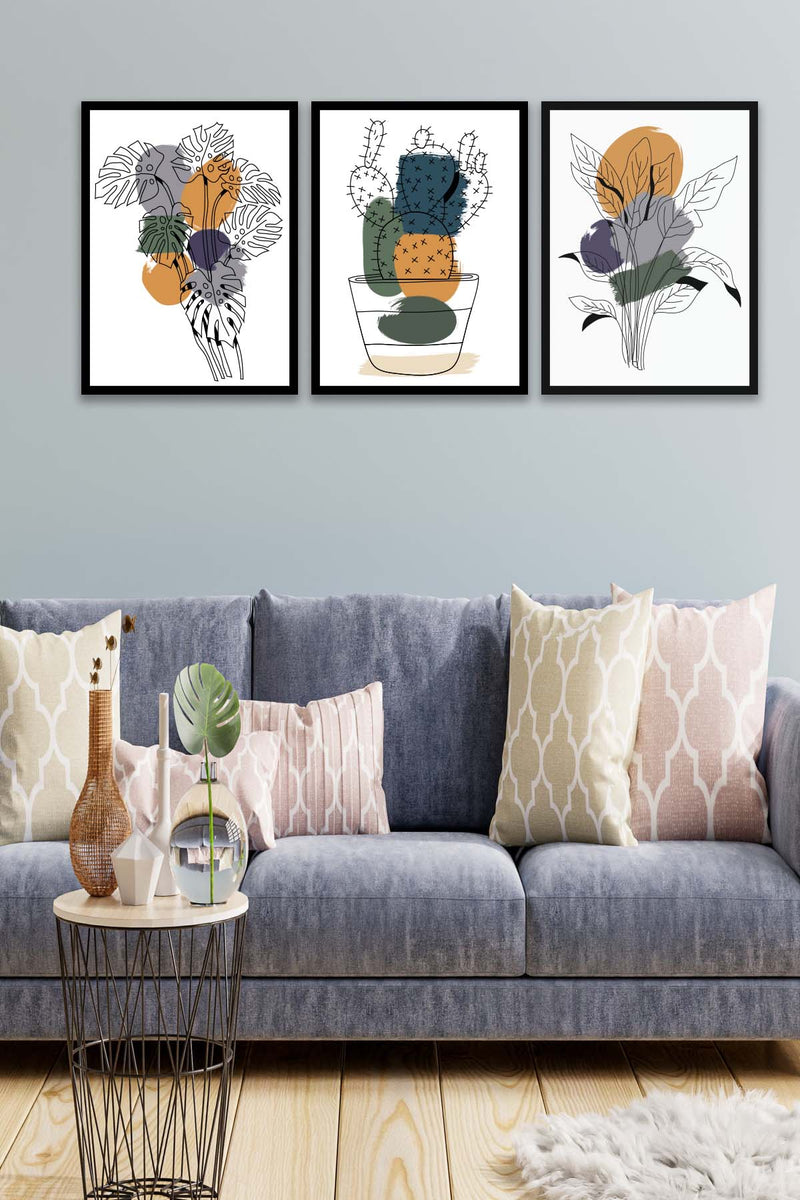 3 Parça Kaktüs Line Art Desenli Sanatsal (Siyah Çerçeve Görünümlü) Uv Baskı Mdf Tablo Seti Bonvagon