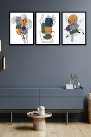 3 Parça Kaktüs Line Art Desenli Sanatsal (Siyah Çerçeve Görünümlü) Uv Baskı Mdf Tablo Seti Bonvagon