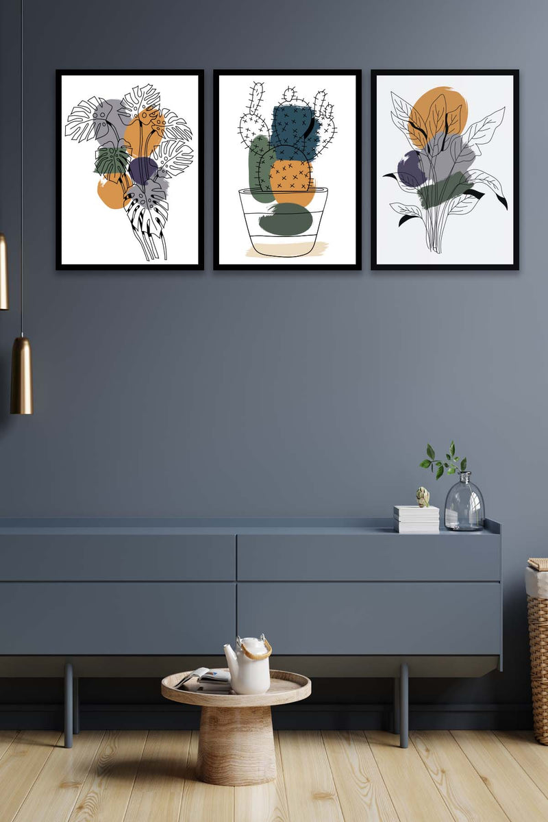 3 Parça Kaktüs Line Art Desenli Sanatsal (Siyah Çerçeve Görünümlü) Uv Baskı Mdf Tablo Seti Bonvagon