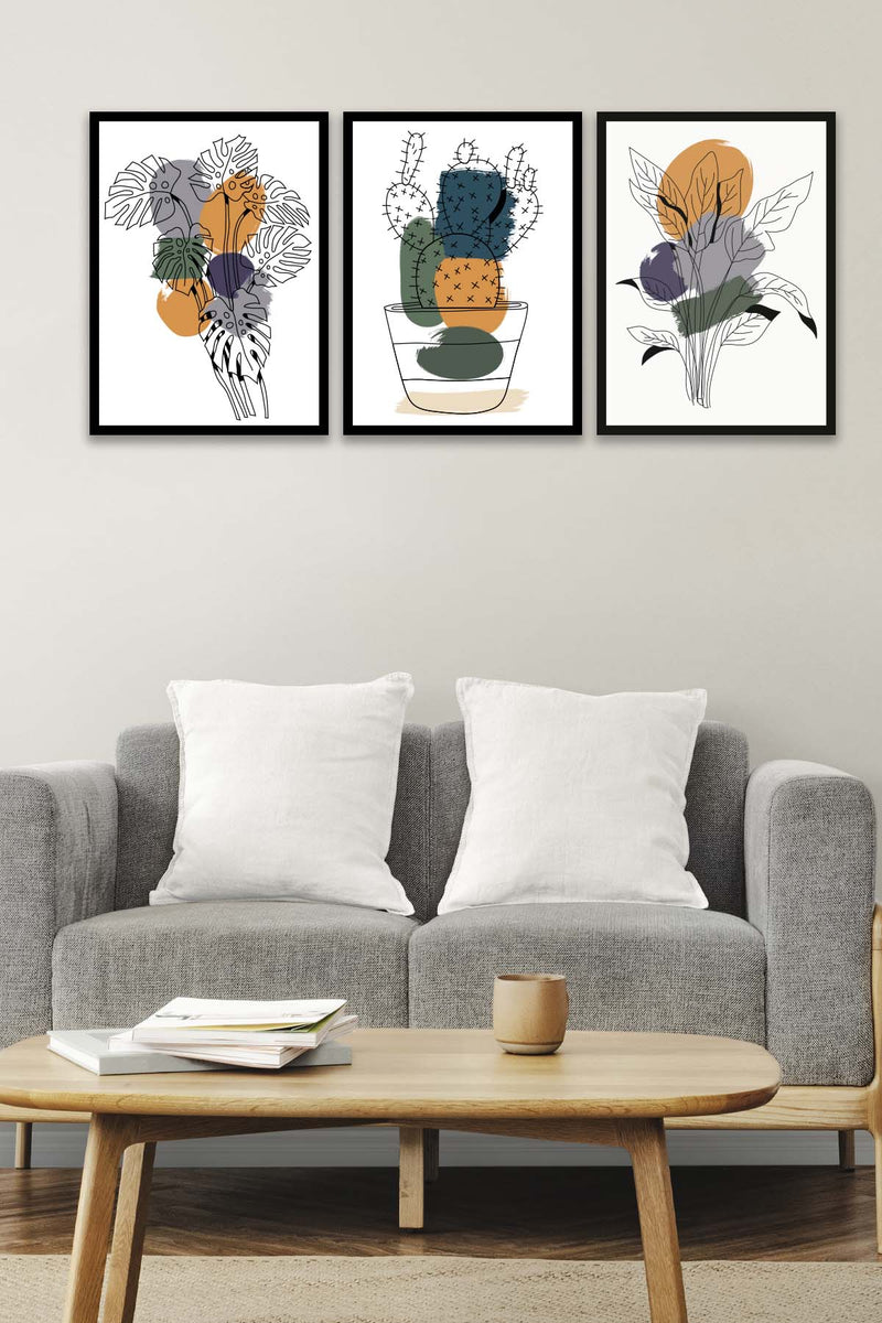 3 Parça Kaktüs Line Art Desenli Sanatsal (Siyah Çerçeve Görünümlü) Uv Baskı Mdf Tablo Seti Bonvagon