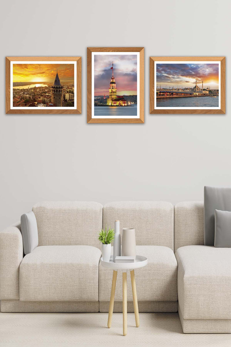 3 Parça Kız Kulesi Ve Galata Kulesi (Ahşap Çerçeve Görünümlü) Uv Baskı Mdf Tablo Seti Bonvagon