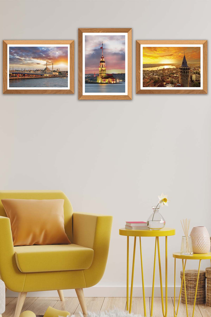 3 Parça Kız Kulesi Ve Galata Kulesi (Ahşap Çerçeve Görünümlü) Uv Baskı Mdf Tablo Seti Bonvagon
