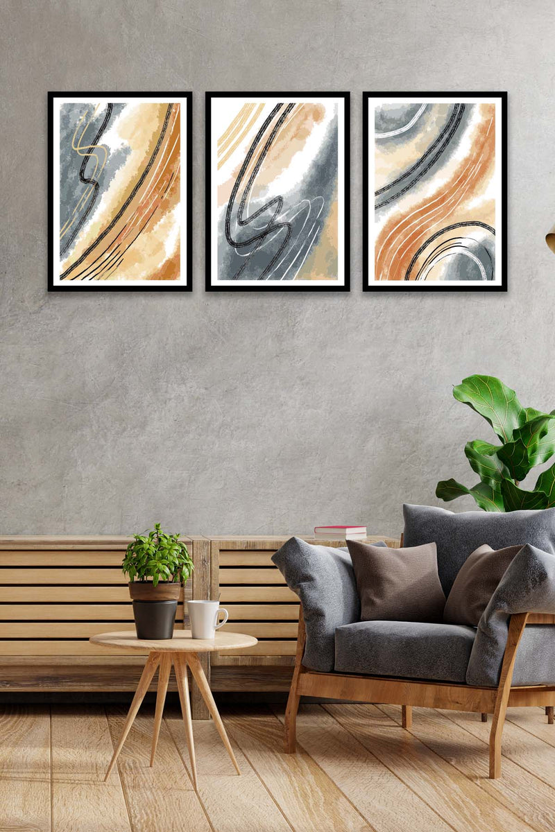 3 Parça Mermer Deseni Tarzında Sanatsal (Siyah Çerçeve Görünümlü) Uv Baskı Mdf Tablo Seti Bonvagon