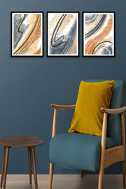 3 Parça Mermer Deseni Tarzında Sanatsal (Siyah Çerçeve Görünümlü) Uv Baskı Mdf Tablo Seti Bonvagon