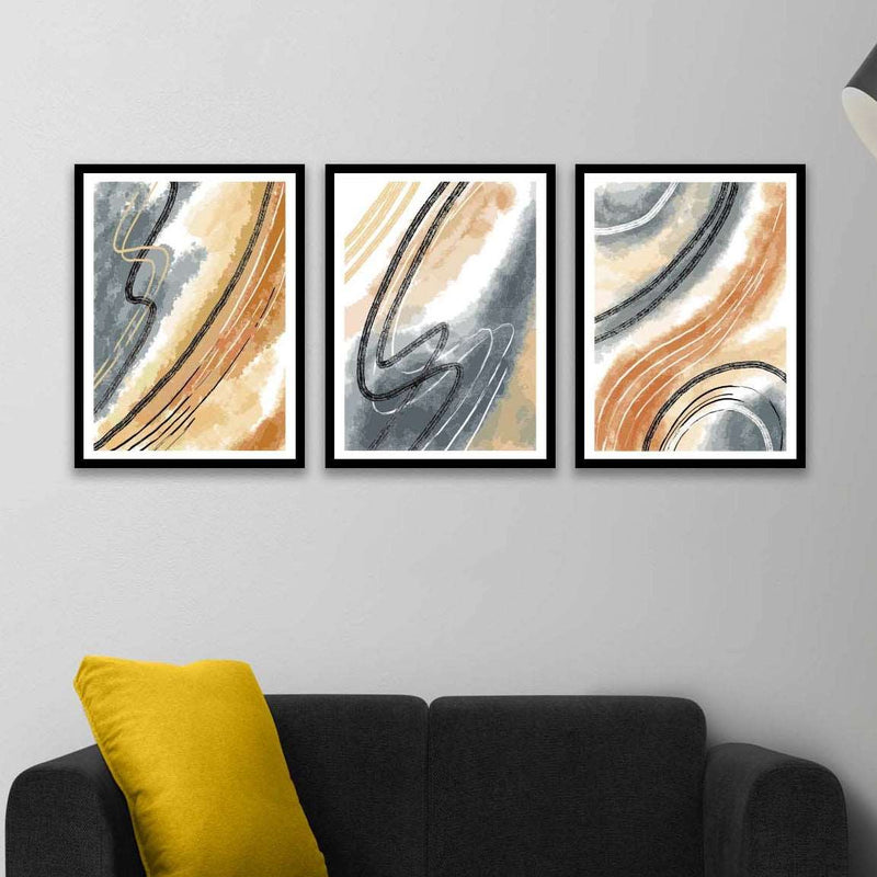 3 Parça Mermer Deseni Tarzında Sanatsal (Siyah Çerçeve Görünümlü) Uv Baskı Mdf Tablo Seti Bonvagon