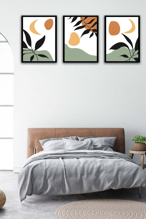 3 Parça Modern Bohem Tarzda Sanatsal Siyah Çerçeve Görünümlü Uv Baskı Mdf Tablo Seti Bonvagon