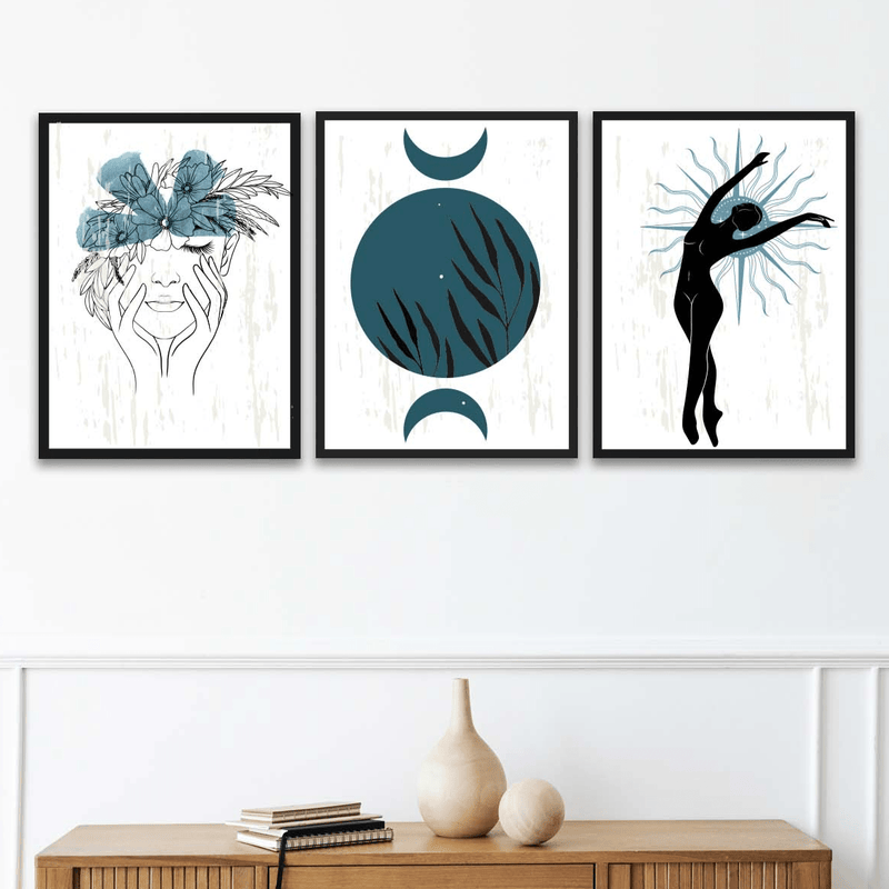 3 Parça Modern Sanat Tarzında Lotus Tasarım (Siyah Çerçeve Görünümlü) Uv Baskı Mdf Ahşap Duvar Tablo Seti Bonvagon