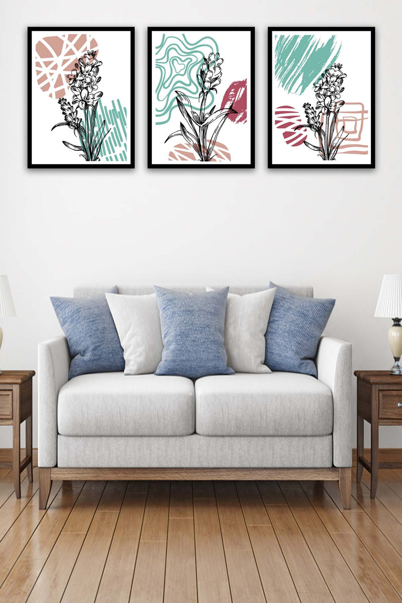 3 Parça Modern Sanat Tarzında Siyah Çerçeve Görünümlü Uv Baskı Mdf Tablo Seti Bonvagon