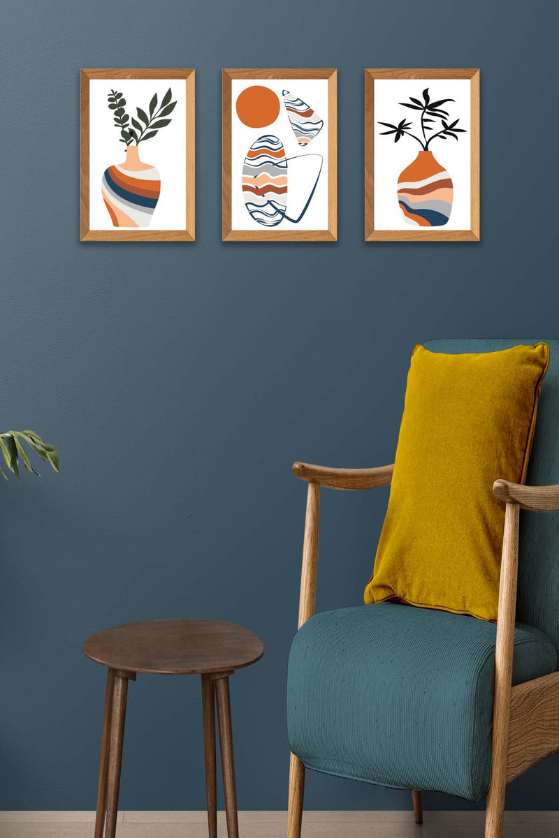3 Parça Modern Sanatsal Bohem Tarzda (Ahşap Çerçeve Görünümlü) Uv Baskı Mdf Tablo Seti Bonvagon