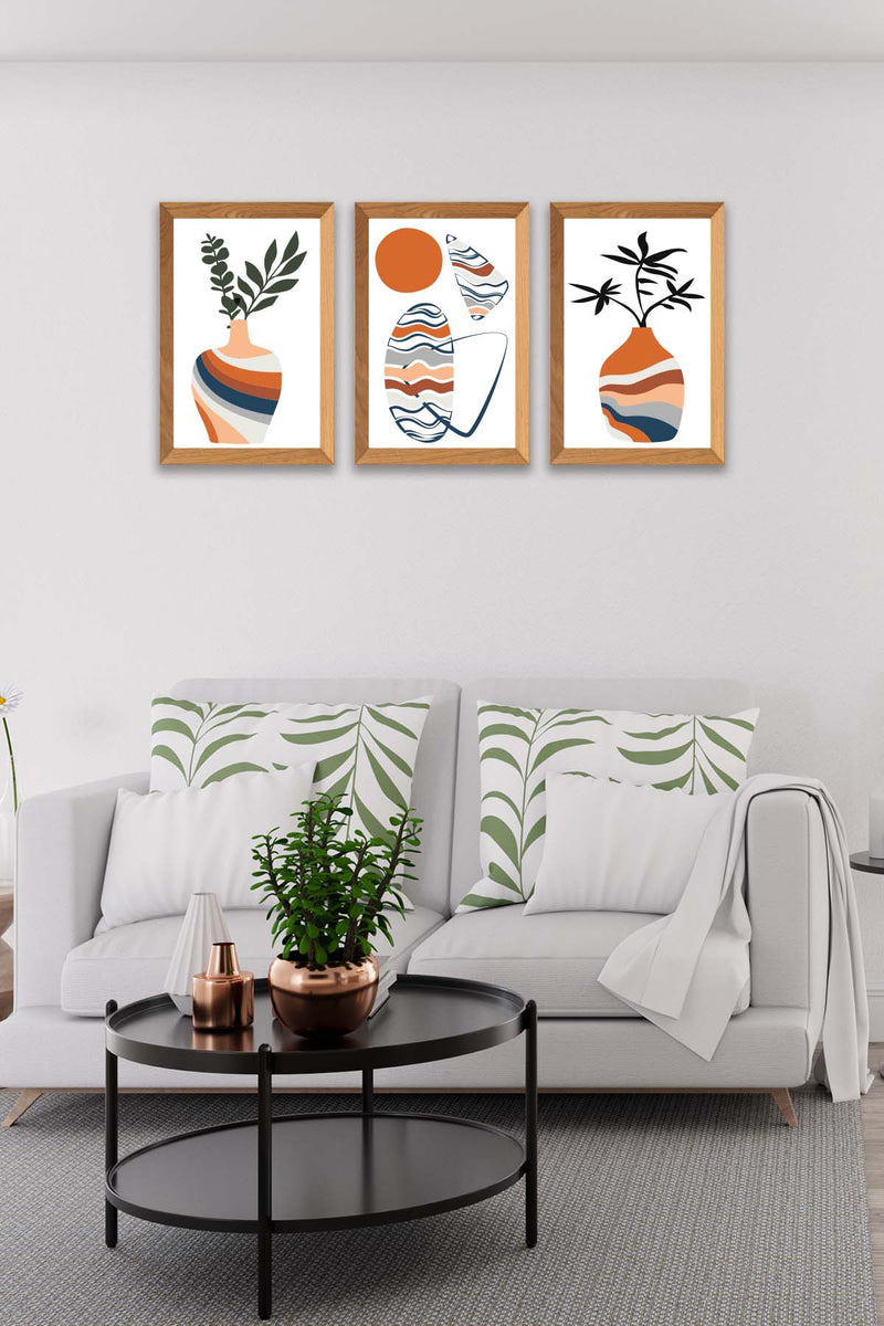 3 Parça Modern Sanatsal Bohem Tarzda (Ahşap Çerçeve Görünümlü) Uv Baskı Mdf Tablo Seti Bonvagon