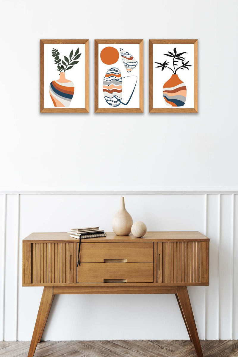 3 Parça Modern Sanatsal Bohem Tarzda (Ahşap Çerçeve Görünümlü) Uv Baskı Mdf Tablo Seti Bonvagon