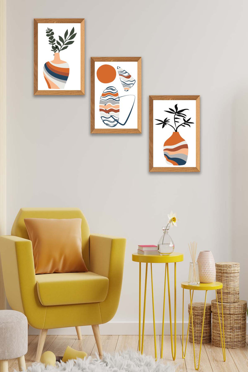 3 Parça Modern Sanatsal Bohem Tarzda (Ahşap Çerçeve Görünümlü) Uv Baskı Mdf Tablo Seti Bonvagon