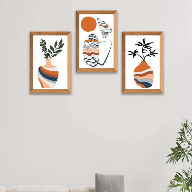 3 Parça Modern Sanatsal Bohem Tarzda (Ahşap Çerçeve Görünümlü) Uv Baskı Mdf Tablo Seti Bonvagon
