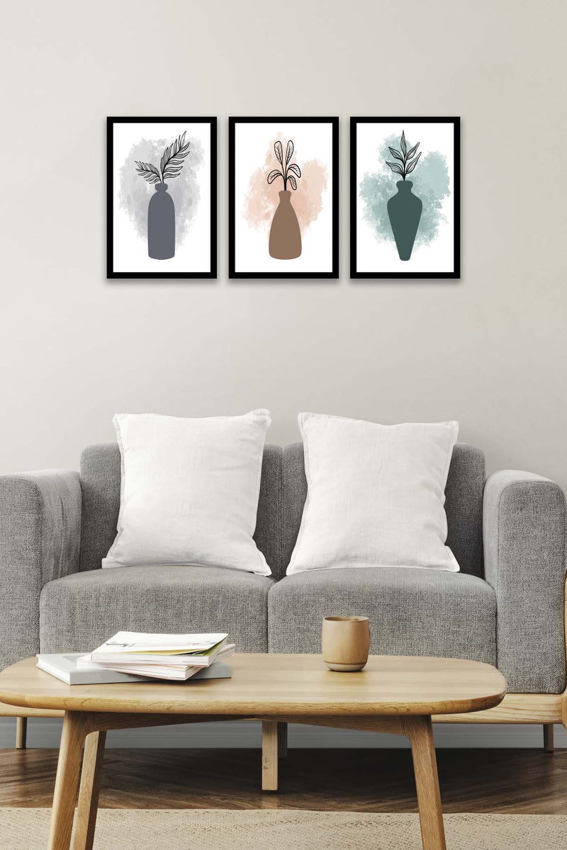 3 Parça Modern Sanatsal Suluboya Tarzda (Siyah Çerçeve Görünümlü) Uv Baskı Mdf Tablo Seti Bonvagon