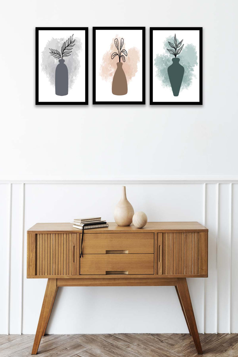 3 Parça Modern Sanatsal Suluboya Tarzda (Siyah Çerçeve Görünümlü) Uv Baskı Mdf Tablo Seti Bonvagon