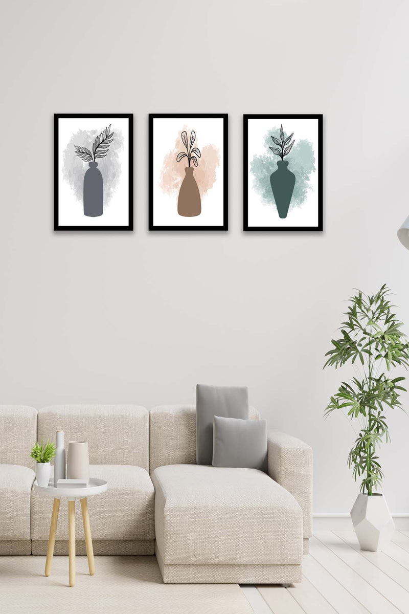 3 Parça Modern Sanatsal Suluboya Tarzda (Siyah Çerçeve Görünümlü) Uv Baskı Mdf Tablo Seti Bonvagon