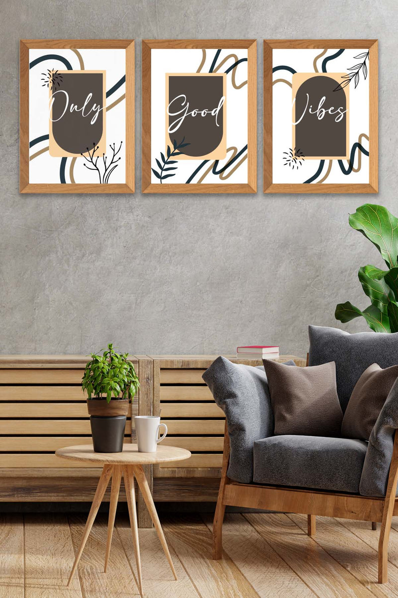 3 Parça Modern Sanatsal Tarzda (Ahşap Çerçeve Görünümlü) Uv Baskı Mdf Tablo Seti Bonvagon