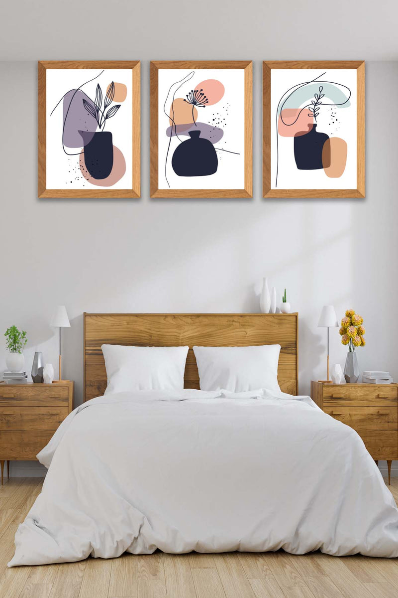 3 Parça Modern Sanatsal Tarzda Line Art (Ahşap Çerçeve Görünümlü) Uv Baskı Mdf Tablo Seti Bonvagon