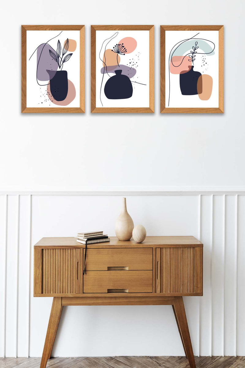 3 Parça Modern Sanatsal Tarzda Line Art (Ahşap Çerçeve Görünümlü) Uv Baskı Mdf Tablo Seti Bonvagon