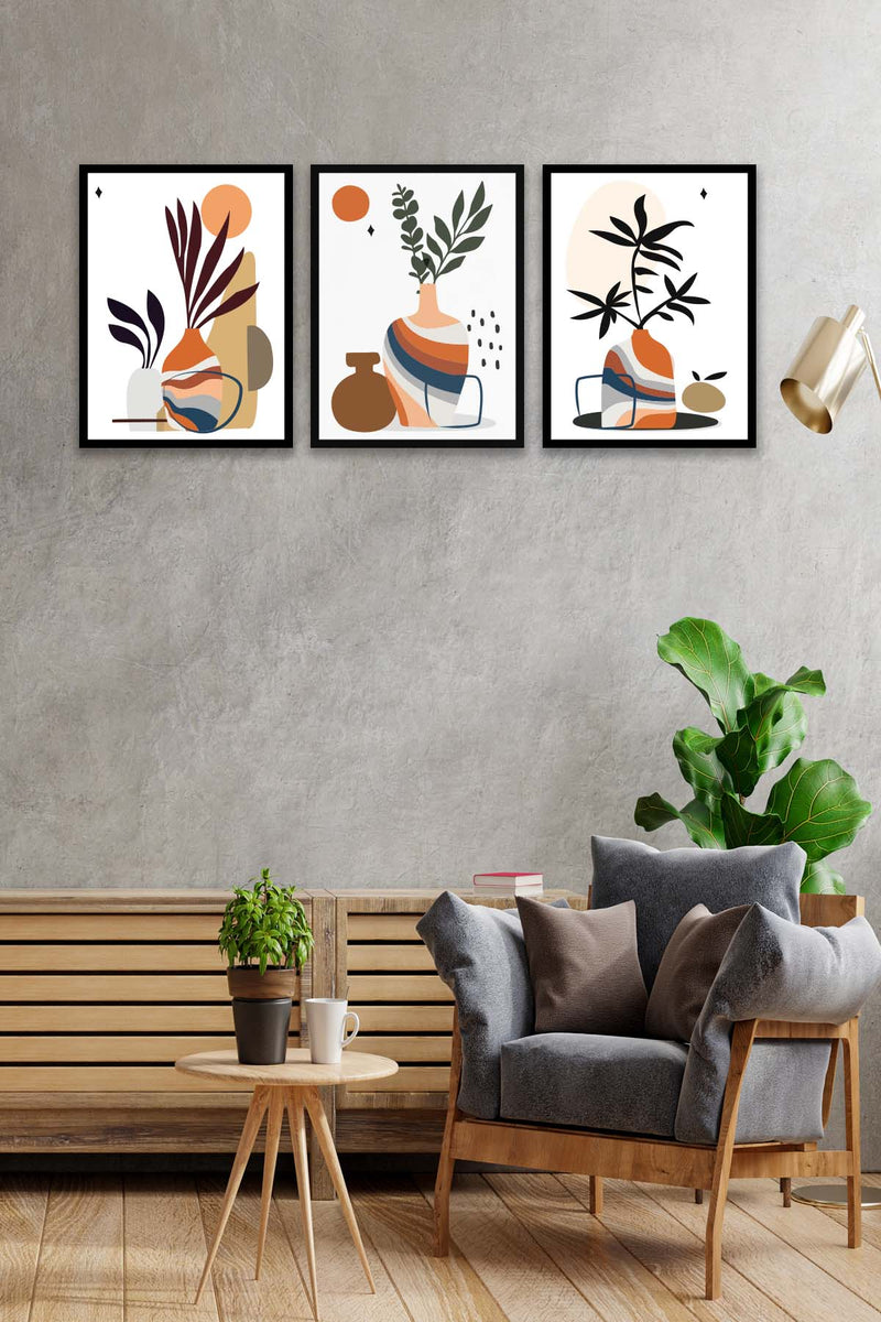 3 Parça Modern Sanatsal Tarzda (Siyah Çerçeve Görünümlü) Uv Baskı Mdf Tablo Seti Bonvagon